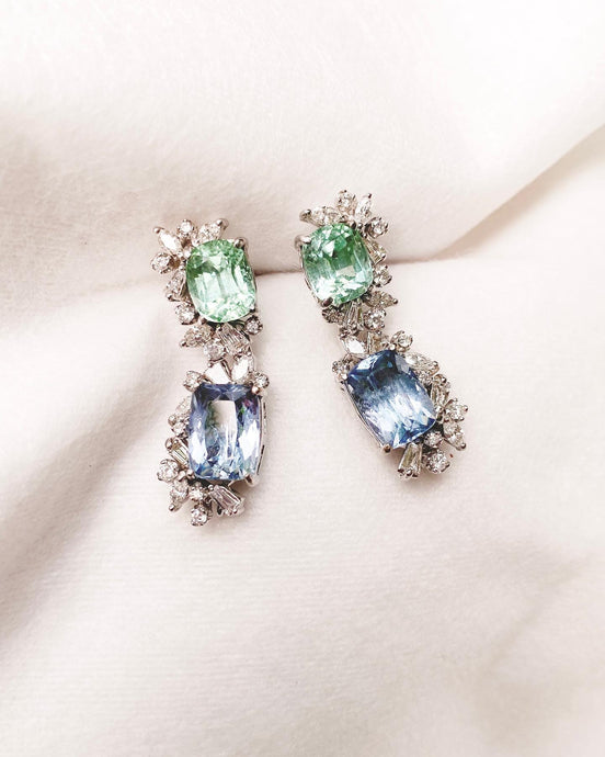 Green Tourmaline and Blue Beryl pair of earrings