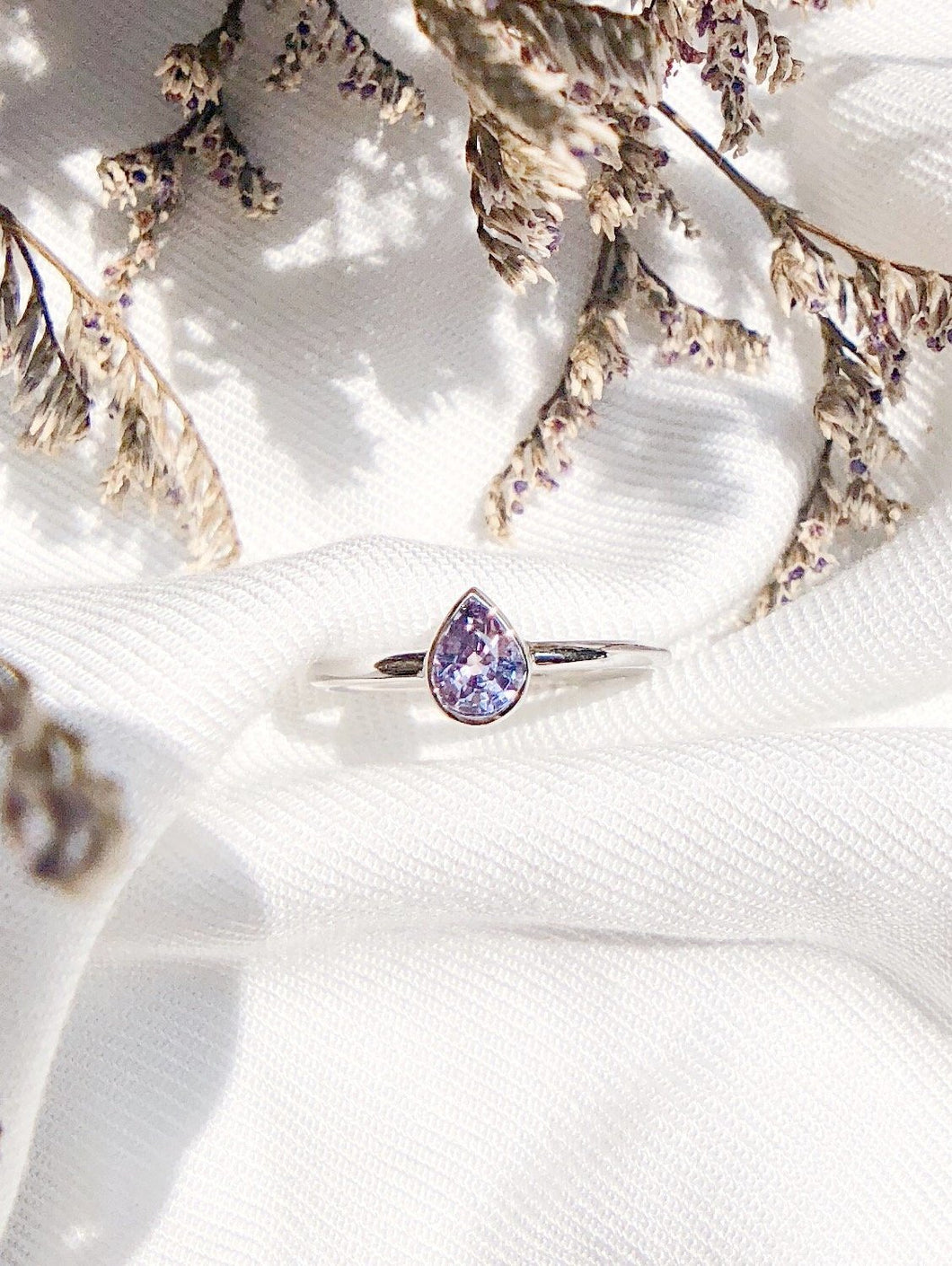 Pear Shaped Natural Light Bluish Purple Sapphire Ring in White Gold