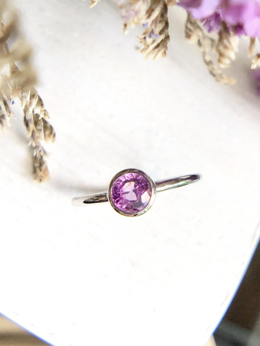 Round Natural Pink Sapphire Ring in White Gold