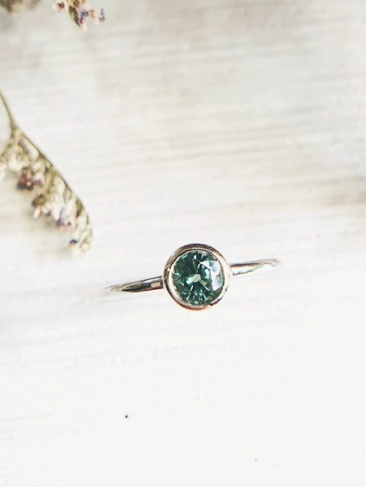 Round Natural Light Green Sapphire Ring in White Gold