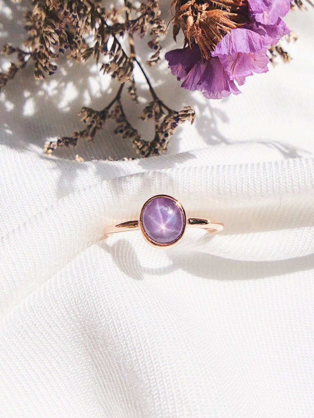 Oval Natural Dark Purple Star Sapphire Ring in Rose Gold