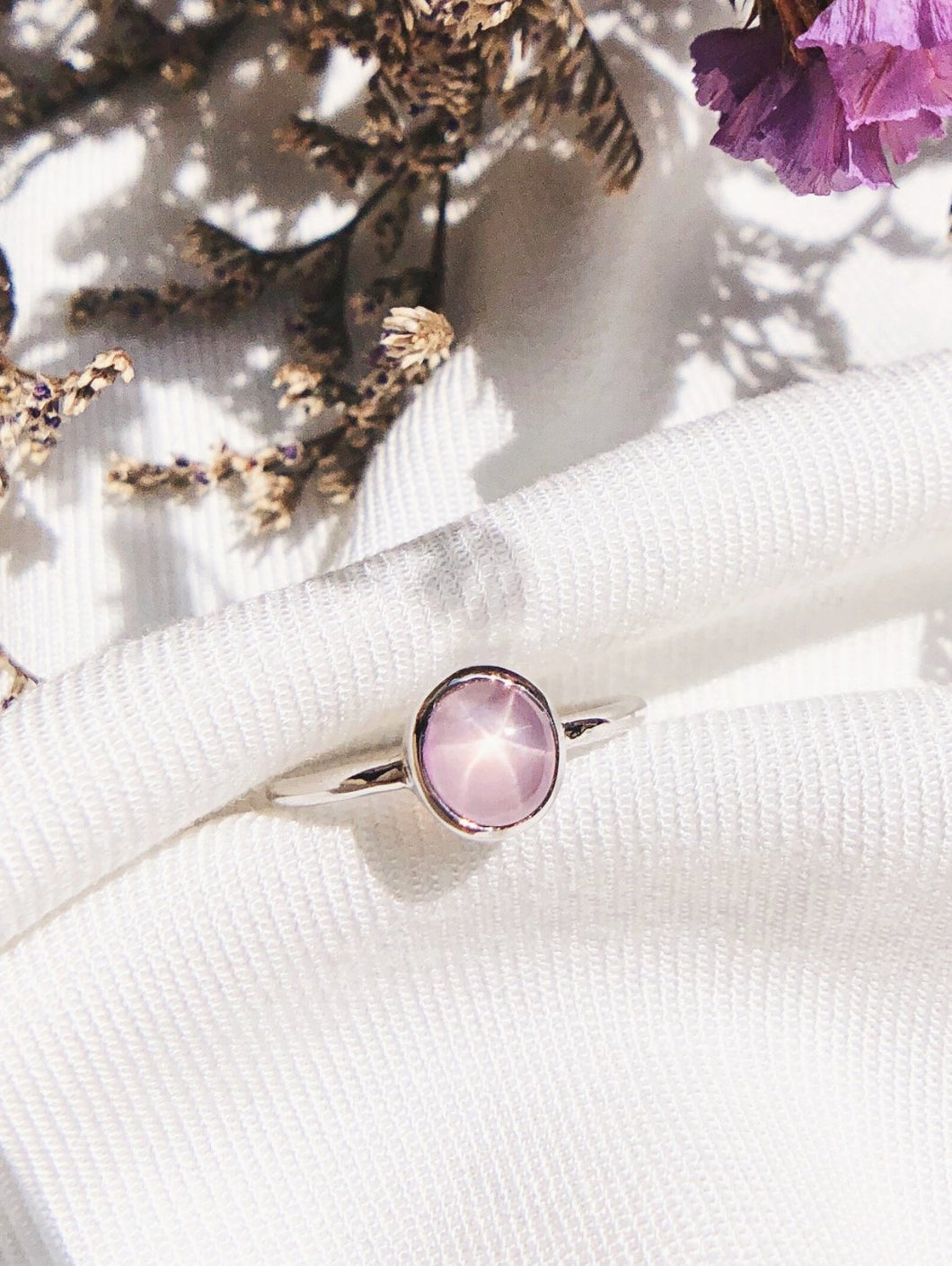 Oval Natural Pink Star Sapphire Ring in White Gold