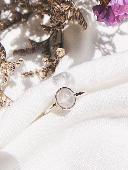 Oval Natural White Star Sapphire Ring in White Gold