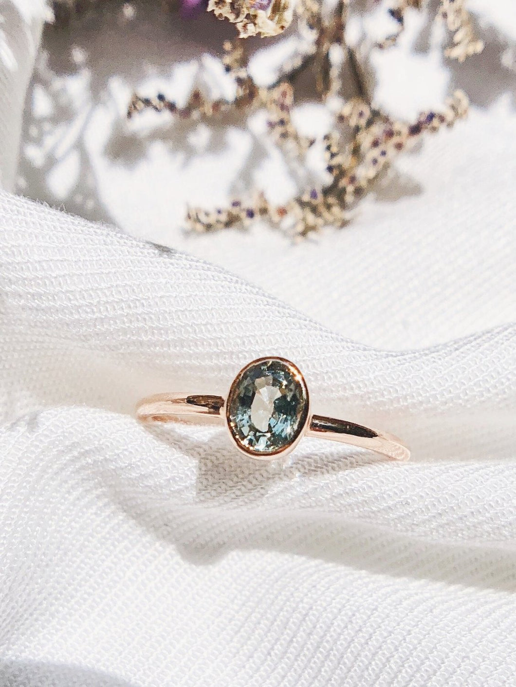 Oval Natural Apple Green Sapphire Ring in Rose Gold