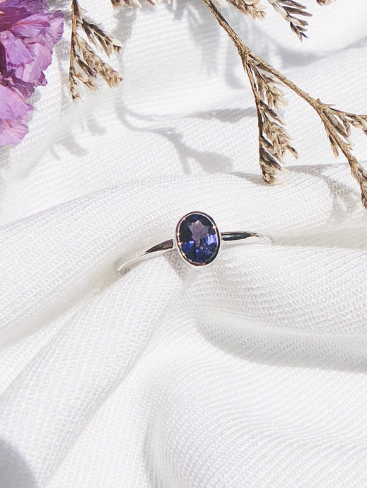 Oval Natural Dark Purple Sapphire Ring in White Gold